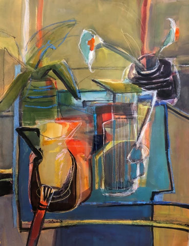 abstract still life in blues, greens, red, yellow