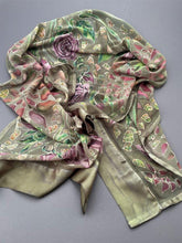 Load image into Gallery viewer, Lavender Roses on Green Hand-Painted Silk Wrap/Scarf
