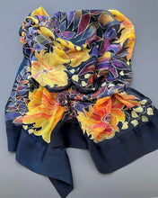 Load image into Gallery viewer, Yellow orange sunflowers painted on deep blue silk with accents of purples and reds
