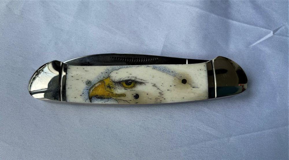 Bald Eagle Knife, scrimshaw on bone - The Highlight Gallery