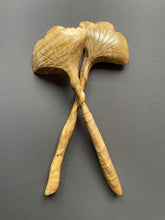 Load image into Gallery viewer, ginko leaf hand-carved silver maple salad servers, back view
