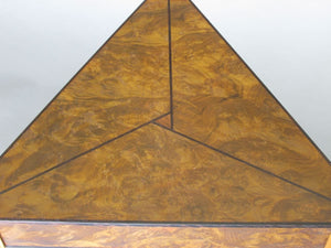 Laurel burl triangle table with triangular teak legs and wenge inlay details in the top and on legs.