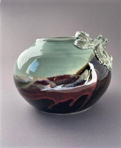 Sculpted octopus on vase, celedon and dark red brown, tenmoku glaze