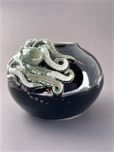 Sculpted octopus on vase, celedon and dark red brown, tenmoku glaze