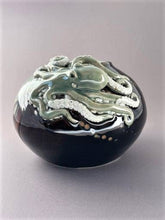 Load image into Gallery viewer, Sculpted octopus on vase, celedon and dark red brown, tenmoku glaze
